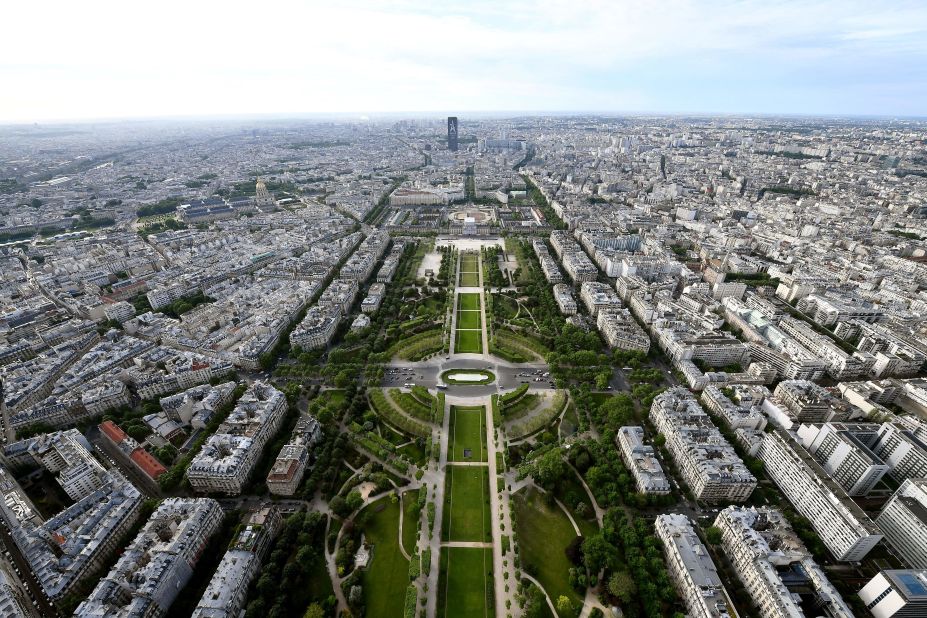 The Champs de Mars stretches out from the base of the tower towards Montparnasse in the southeast.