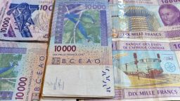 This photo taken on April 9, 2016 in a N'djamena, Chad, shows CFA banknotes of the CFA currency issued by the  Central Bank of West African States (Banque Centrale des Etats de l'Afrique de l'Ouest, BCEAO) and used in the eight west African countries which share the common West African CFA franc currency.

Finance ministers from African countries that use the franc and their French counterpart Michel Sapin meet in Yaounde, Cameroon, on April 9, 2016 to discuss the future of the CFA currency. / AFP / ISSOUF SANOGO        (Photo credit should read ISSOUF SANOGO/AFP/Getty Images)