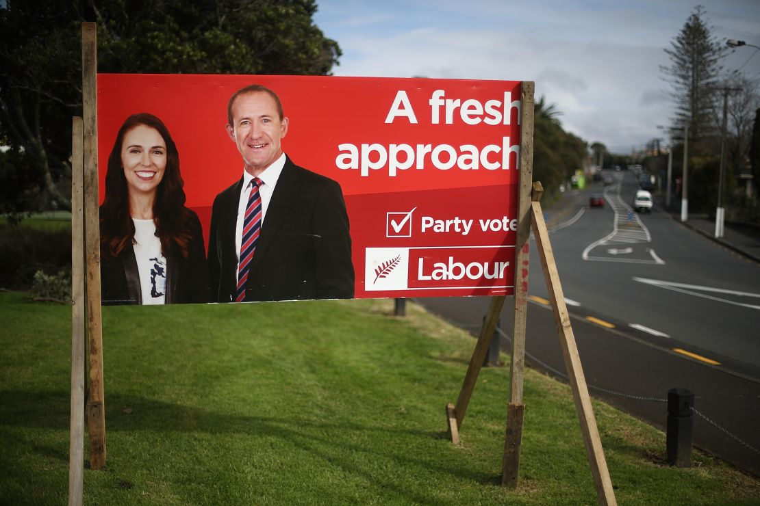 A now outdated Labour election billboard shows Ardern with former leader Andrew Little, taken on August 2.