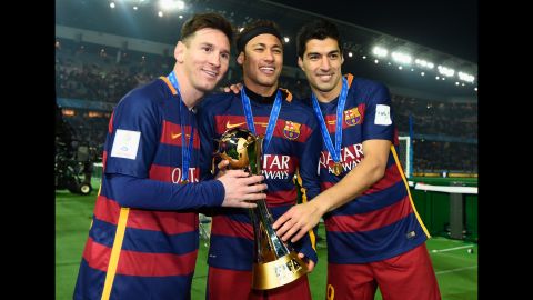 From left, Messi, Neymar and Luis Suarez pose for a photo after Barcelona won the FIFA Club World Cup in December 2015. The three attacking players have been an imposing force together.