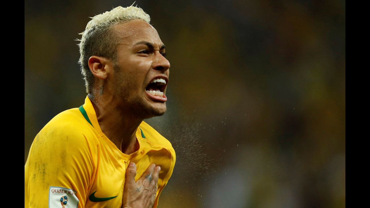 Neymar celebrates a goal against Colombia during a World Cup qualifier in September 2016. He has scored more than 50 goals for his country's senior team.