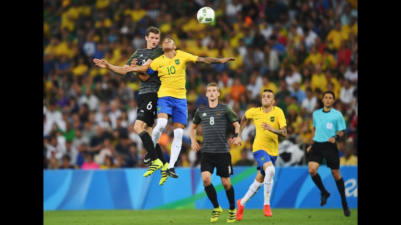 Neymar competes with Germany's Sven Bender during the 2016 Olympic final in Rio de Janeiro. Neymar's goal in the penalty shootout clinched the gold medal for Brazil.