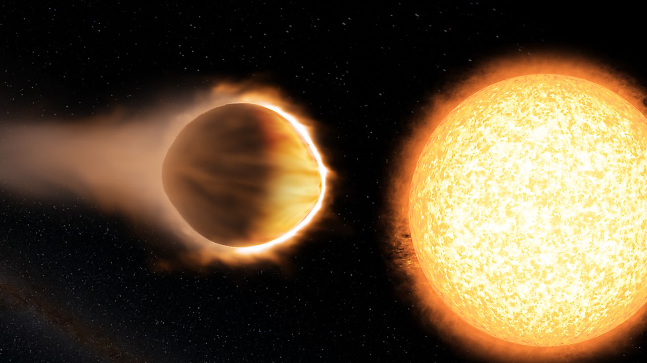 WASP-121b, 880 light-years away, is considered a hot Jupiter-like planet. It has a greater mass and radius than Jupiter, making it "puffier." If WASP-121b were any closer to its host star, it would be ripped apart by the star's gravity. 