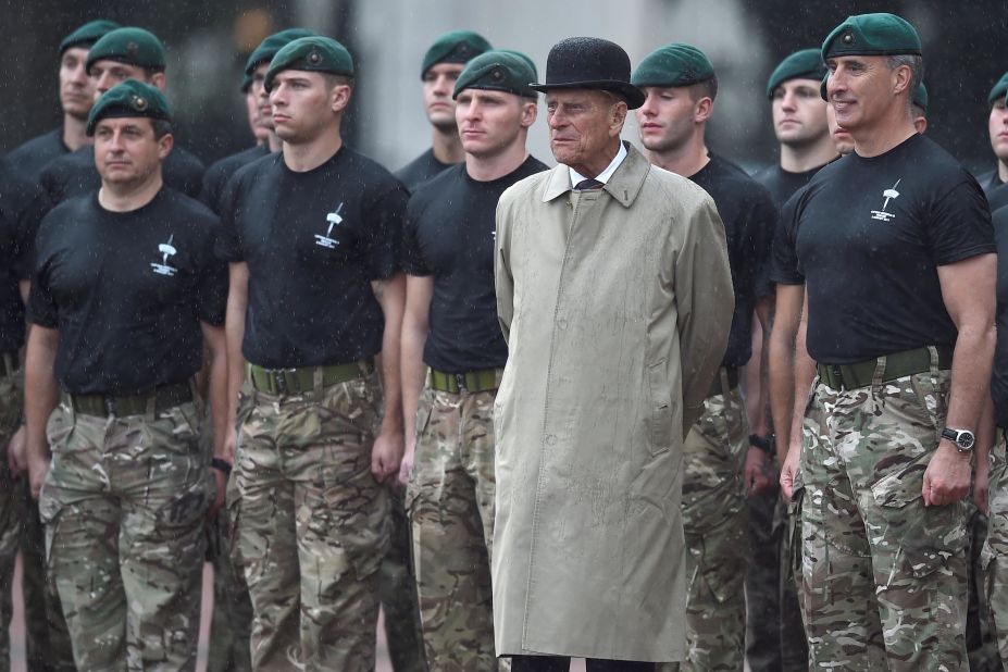 Prince Philip makes his final public appearance before his retirement in August 2017, attending a parade of the Royal Marines at Buckingham Palace. The event also marked an end to Philip's 64 years as captain general, the ceremonial leader of the Royal Marines.