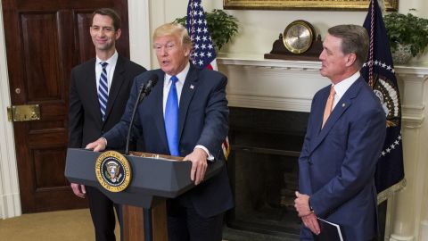 President Donald Trump makes an announcement with Sen. Tom Cotton, at left, an Arkansas Republican, and Sen. David Perdue, at right, a Georgia Republican, in the Roosevelt Room at the White House in August 2017. (Photo by Zach Gibson - Pool/Getty Images)