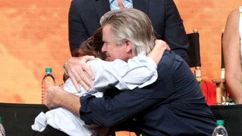 Actors Vivien Cardone and Treat Williams embrace at the "Everwood" reunion panel at the 2017 Summer Television Critics Association Press Tour at The Beverly Hilton Hotel on August 2, 2017 in Beverly Hills, California.