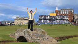 ST ANDREWS, SCOTLAND - JULY 17:  Sir Nick Faldo of England waves to the crowd as he stands on Swilcan Bridge during the second round of the 144th Open Championship at The Old Course on July 17, 2015 in St Andrews, Scotland. This is Faldo's last Open at the course.  (Photo by Matthew Lewis/Getty Images)