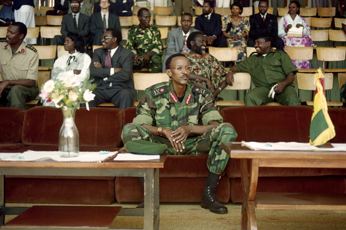 Rwanda's then-Vice President Paul Kagame watches a military rally in Kigali on October 1, 1994.