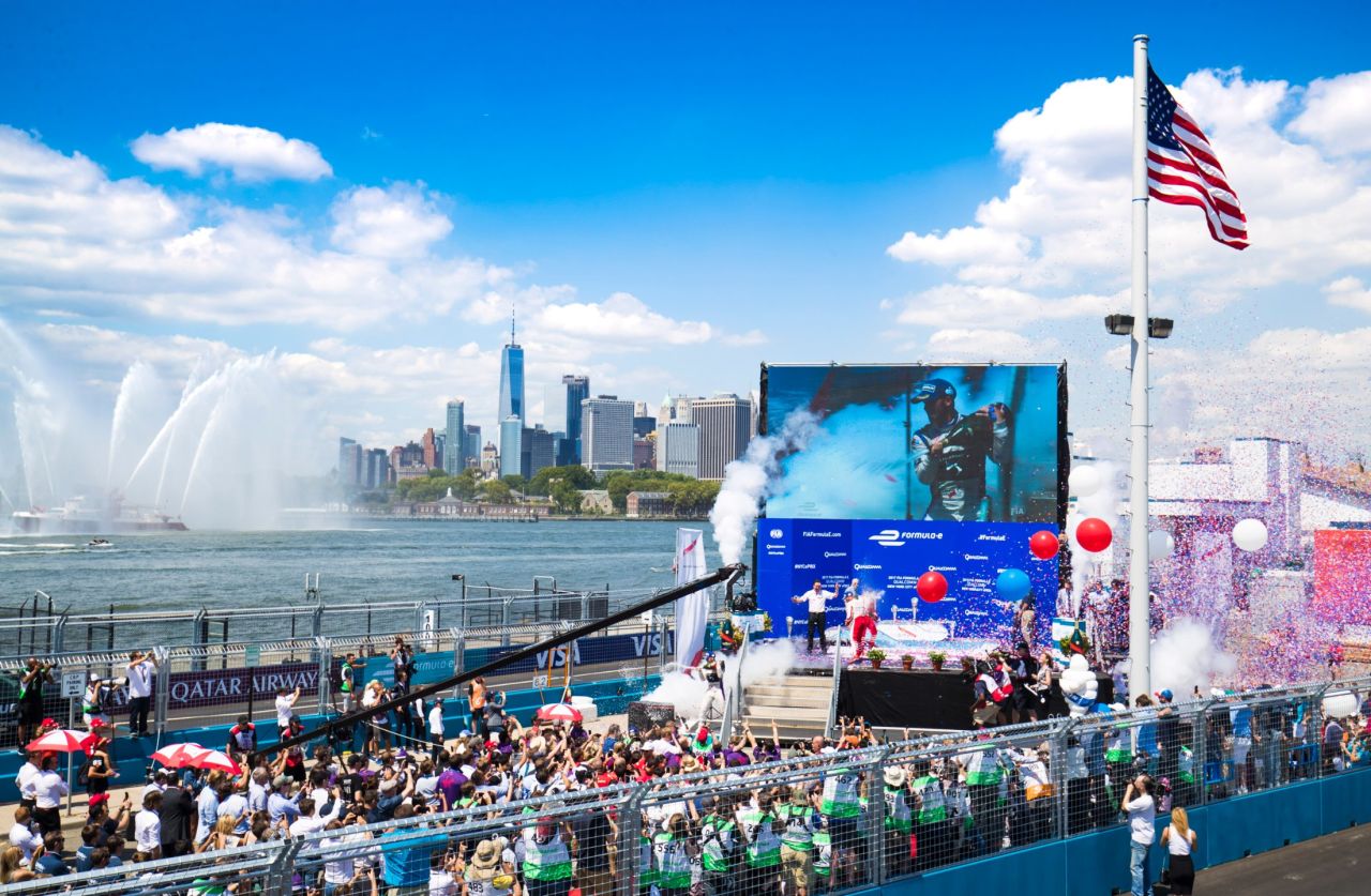 Podium celebrations take place in Brooklyn during another double-header at the New York e Prix. Both races were won by Virgin Racing's Sam Bird. 
