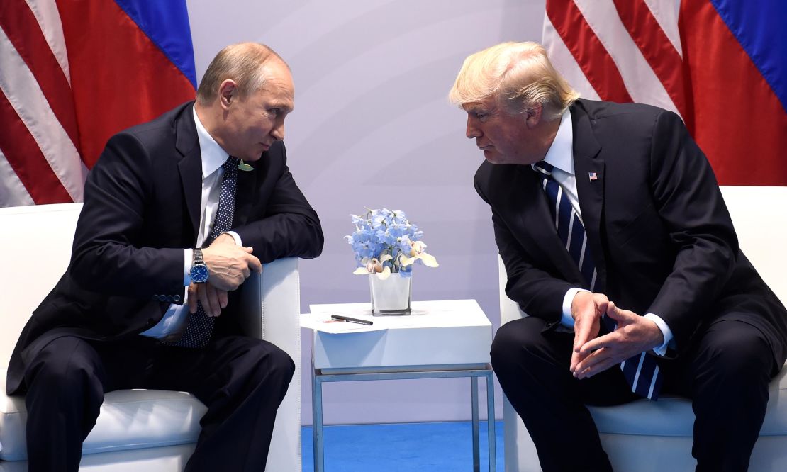 Russian President Vladimir Putin, left, with US President Donald Trump at the G20 Summit in Hamburg, Germany, on July 7, 2017.