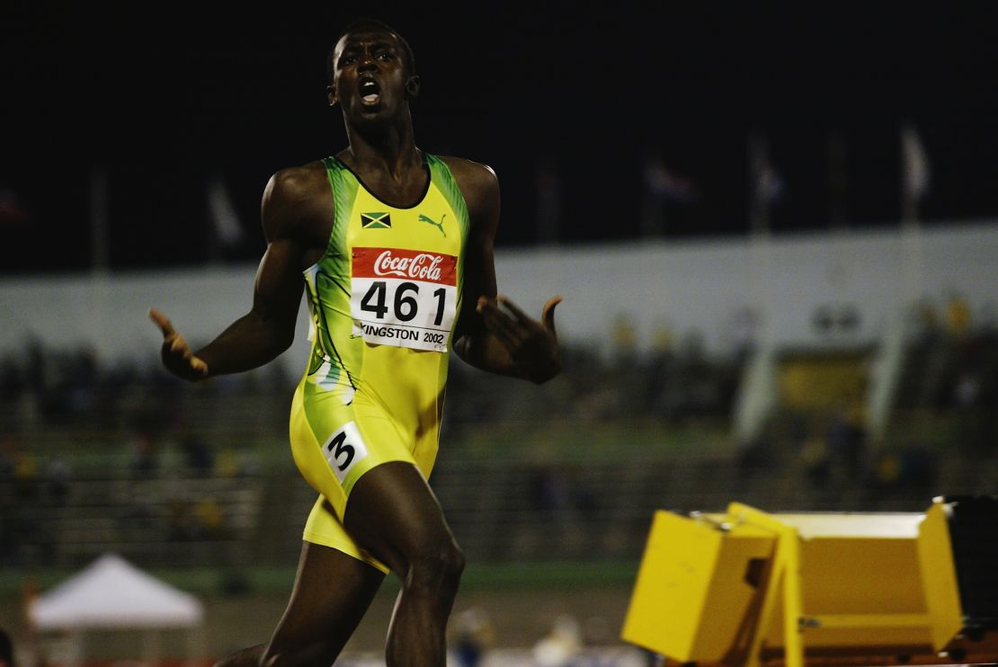 Bolt, aged 15, winning 200m at the IAAF Junior Athletics World Championships in 2002