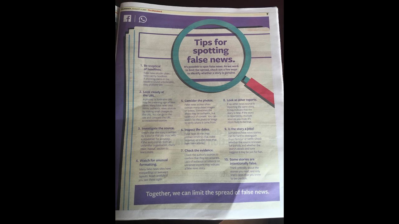 The Standard newspaper in Kenya shows a full-page ad from Facebook advising voters how to spot fake news in the lead-up to the national elections on Tuesday.