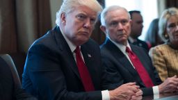 WASHINGTON, DC - MARCH 29:  U.S. President Donald Trump (L) and Attorney General Jeff Sessions (R) attend a panel discussion on an opioid and drug abuse in the Roosevelt Room of the White House March 29, 2017 in Washington, DC.  (Photo by Shawn Thew-Pool/Getty Images)