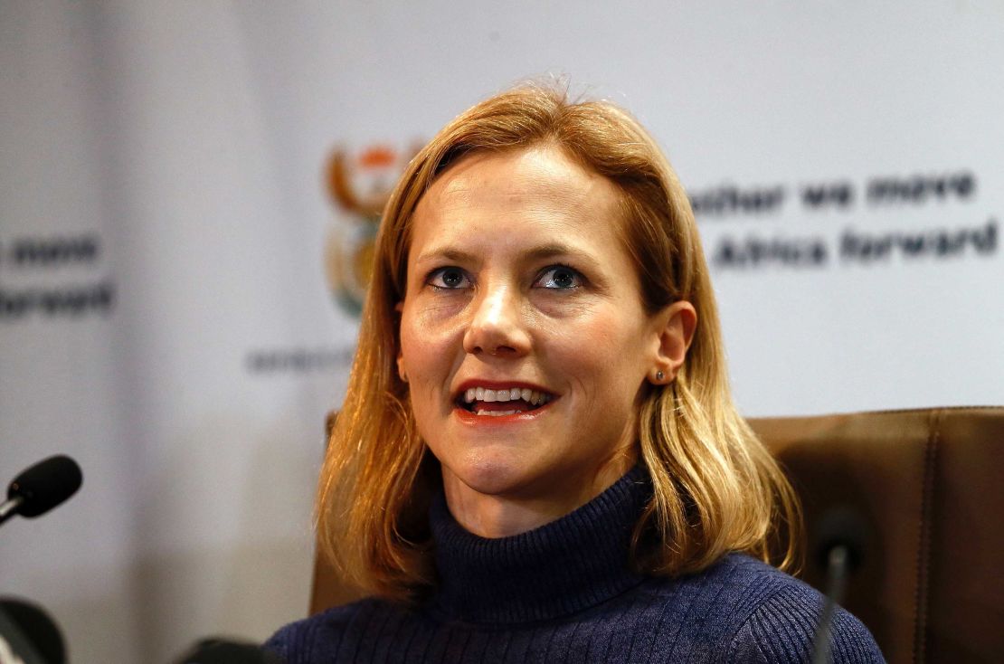 Catherine McGown smiles at a press conference in Pretoria following the release of her husband.