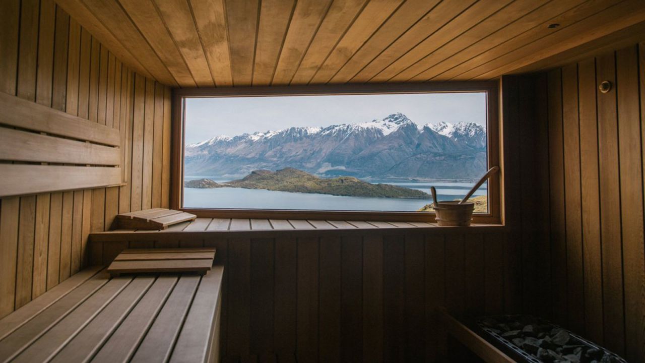 Aro Ha's dry-heat sauna offers a window over Lake Wakatipu and New Zealand's Southern Alps. 