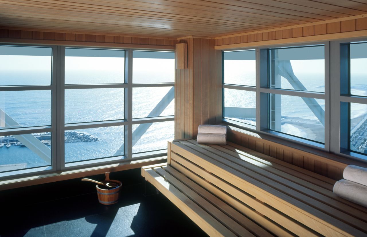 <strong>Hotel Arts Barcelona, Spain:  </strong>The glass-encased sauna occupies a lofty eyrie on the 43rd floor with sweeping views over the Mediterranean Sea, the Barcelona coastline and the surrounding cityscape.