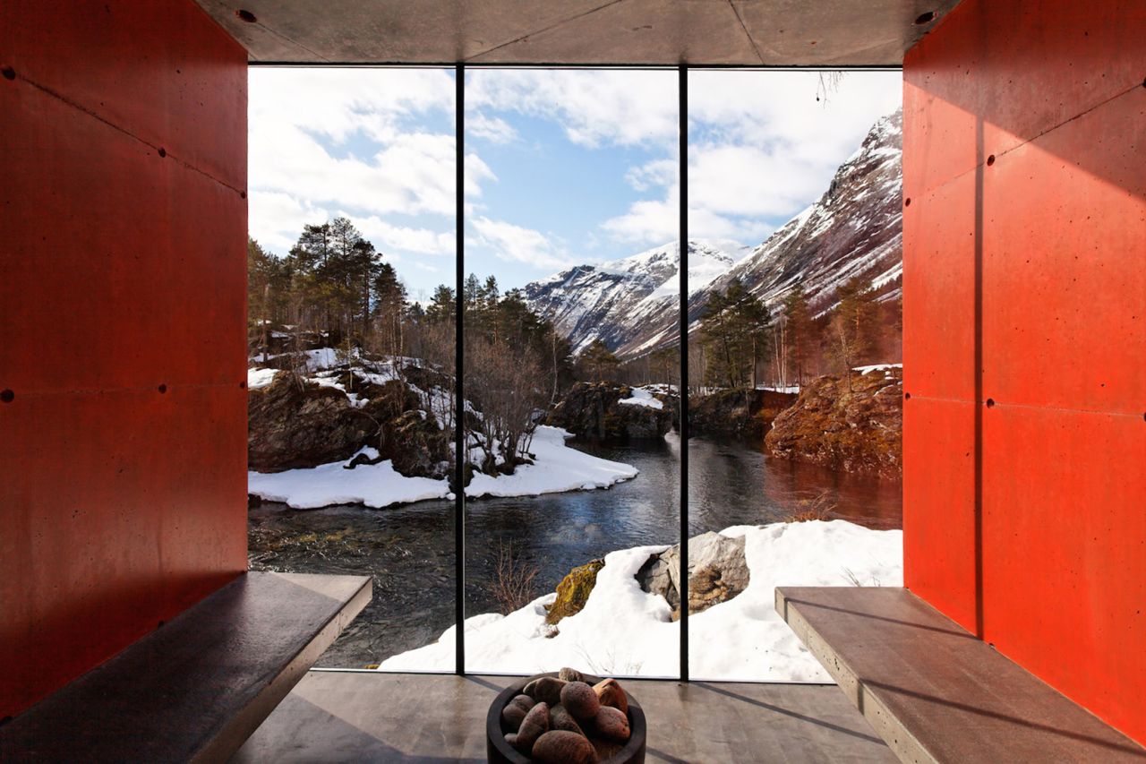 <strong>Juvet Landscape Hotel, Valldal, Norway: </strong>This isn't your average sauna. It's made out of brightly painted concrete and features floor-to-ceiling glass windows overlooking the Valdolla River and the western fjords.