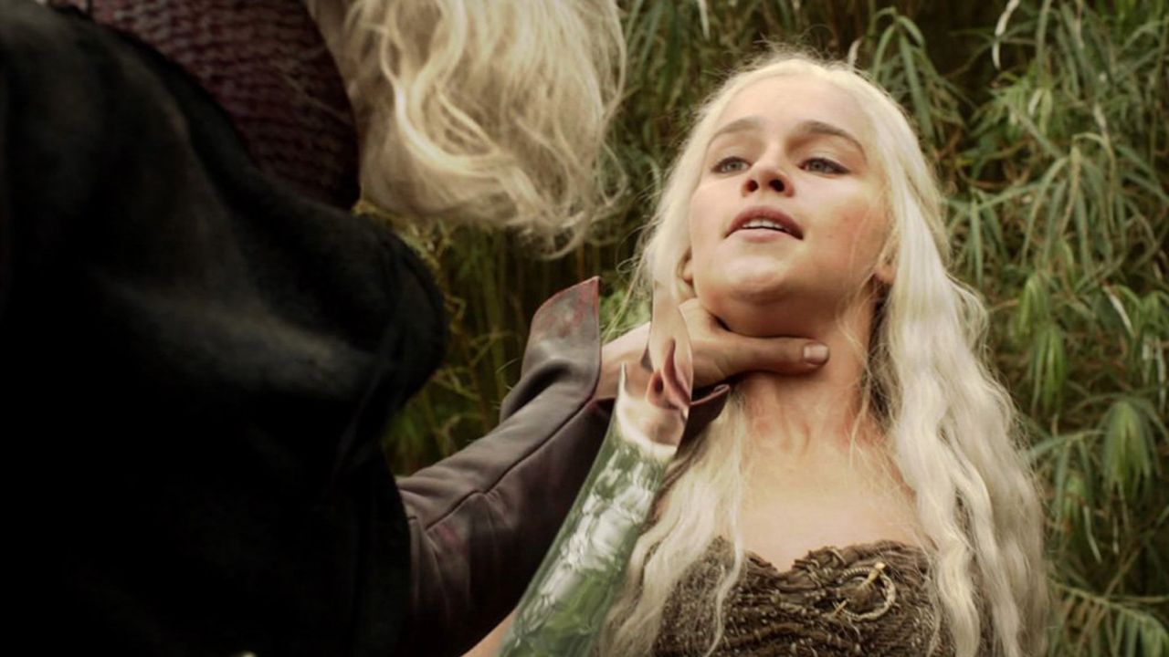 Daenerys is threatened by her brother in Season 1 after he sells her to her new husband.