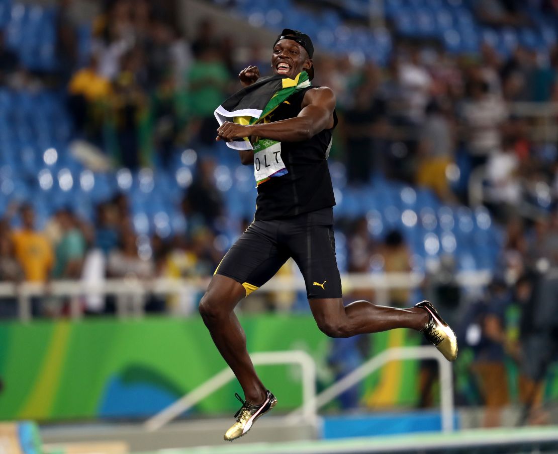 Bolt of Jamaica celebrates winning the Men's 4 x 100m relay at the Rio Olympics 