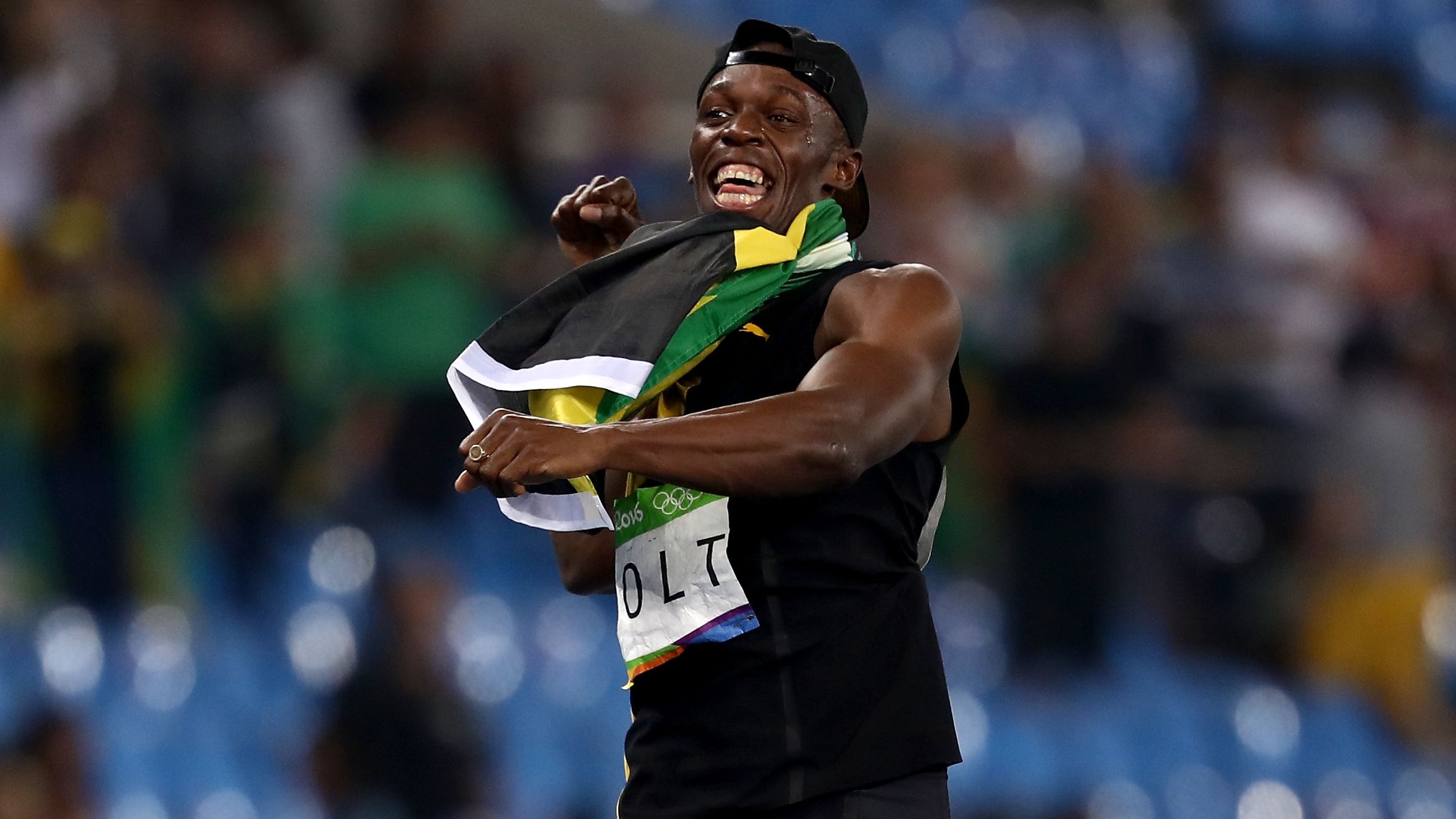 Bolt of Jamaica celebrates winning the Men's 4 x 100m relay at the Rio Olympics 
