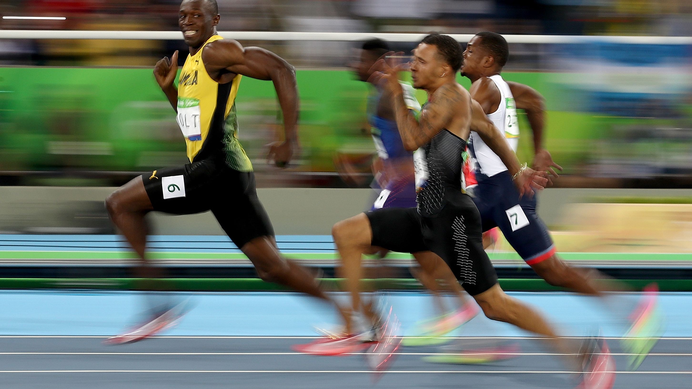 The iconic image of Bolt while competing in the men's 100m in Rio
