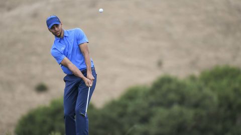 Stephen Curry plays a shot on the tenth hole during the first round of the Web.com Tour Ellie Mae Classic at TPC Stonebrae on August 3, 2017.