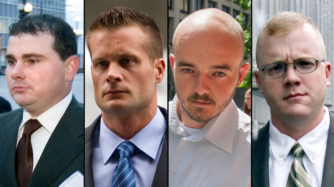 This combination made from file photo shows Blackwater guards, from left, Dustin Heard, Evan Liberty, Nicholas Slatten and Paul Slough.