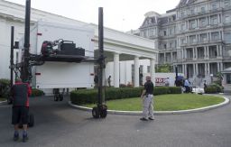 Storage containers are delivered outside the West Wing of the White House in Washington, DC, August 4, 2017, as workers prepare to complete maintenance and updates to the West Wing.