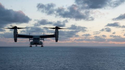 An MV-22 assault support aircraft for the US Marine Corps is shown.