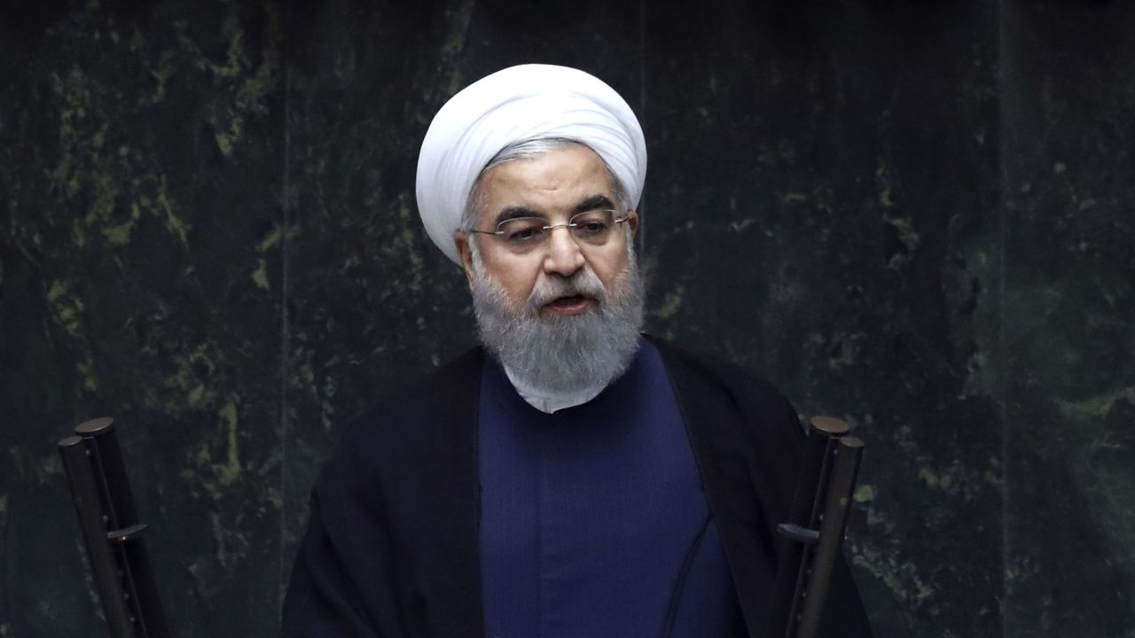 Iran's President Hasan Rouhani delivers a speech after his swearing-in ceremony for the second term in office, at the parliament in Tehran, Iran, Saturday, Aug. 5, 2017. Rouhani, 68, a moderate cleric who secured re-election on May 19, promised that his country will pursue a "path of coexistence and interaction with the world."