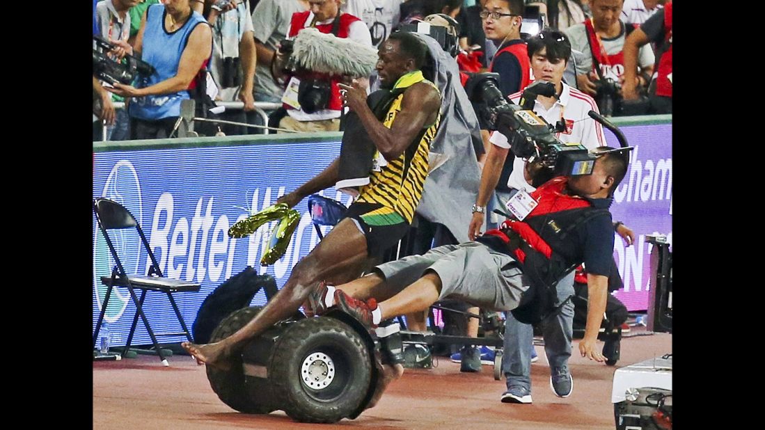 After winning the 200-meter final at the 2015 World Championships, Bolt was accidentally knocked over by a cameraman on a Segway. Neither man was hurt, however, and they later shook hands on the medal stand.