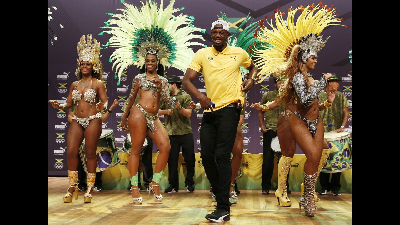 Bolt dances during a 2016 news conference in Rio de Janeiro.