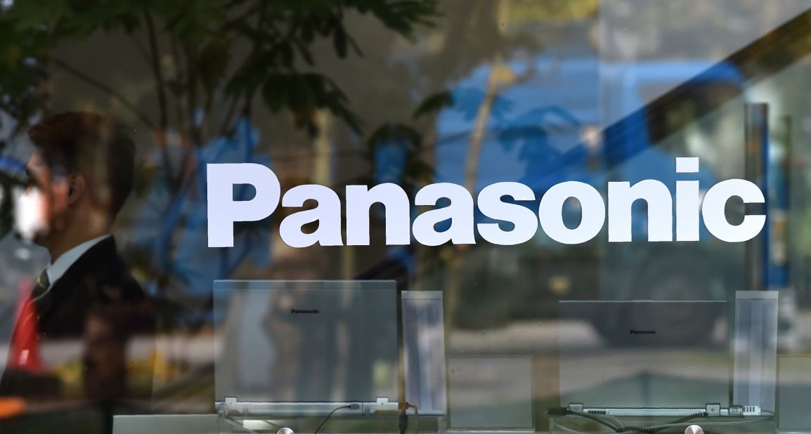 The logo of Japan's Panasonic Corp., displayed in the window of their building in Tokyo.