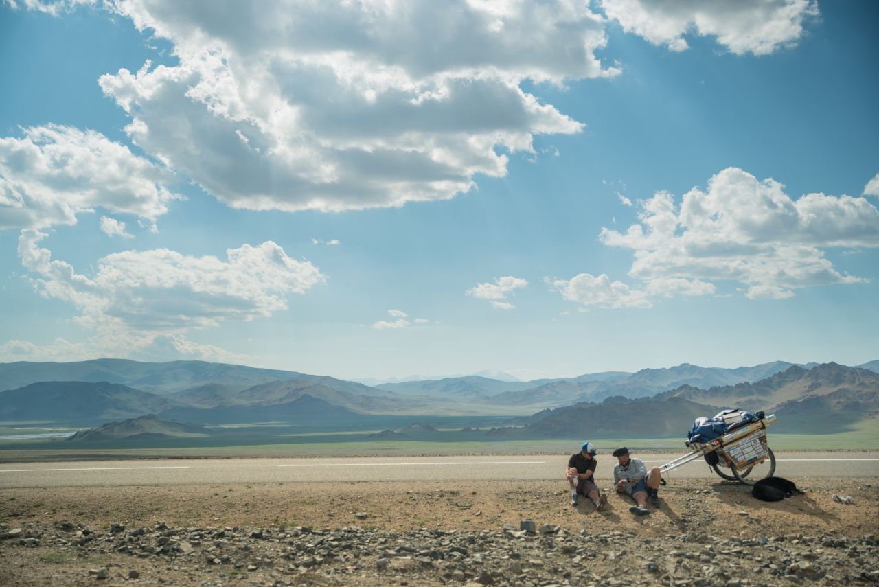 The three travelers take a break in the Mongolian sun. 