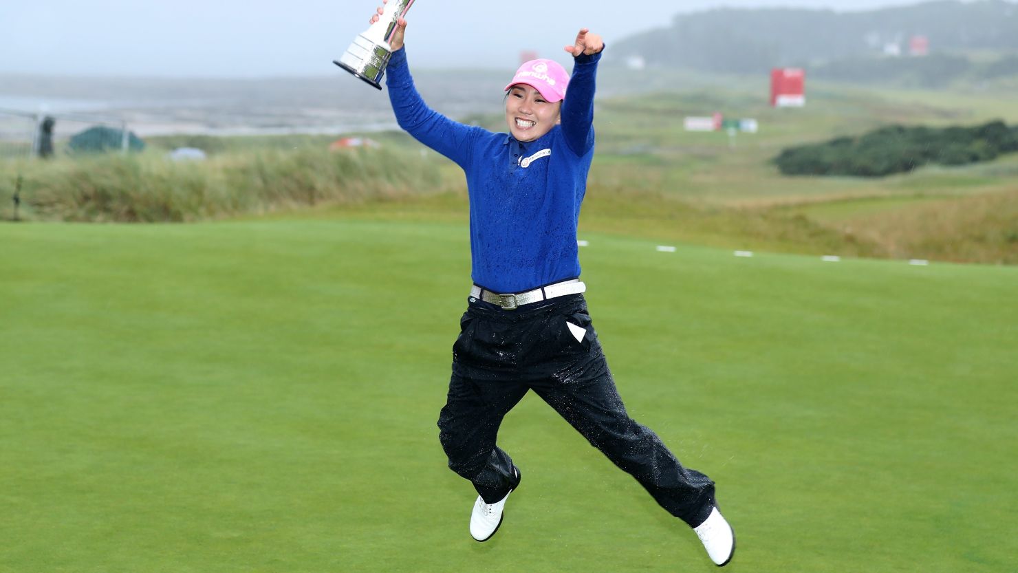 In-Kyung Kim of South Korea holds aloft trophy having won the Women's British Open at Kingsbarns, Scotland