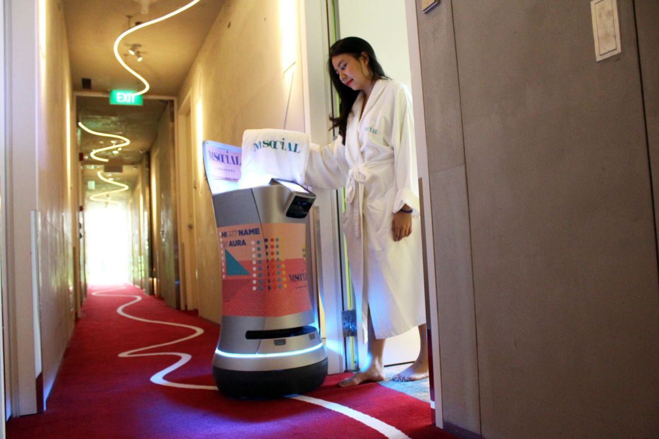 <strong>The room service robot:</strong> Meet AURA, who works at the M Social Hotel in Singapore. She can fetch you towels and bottled water and knows how to operate an elevator.