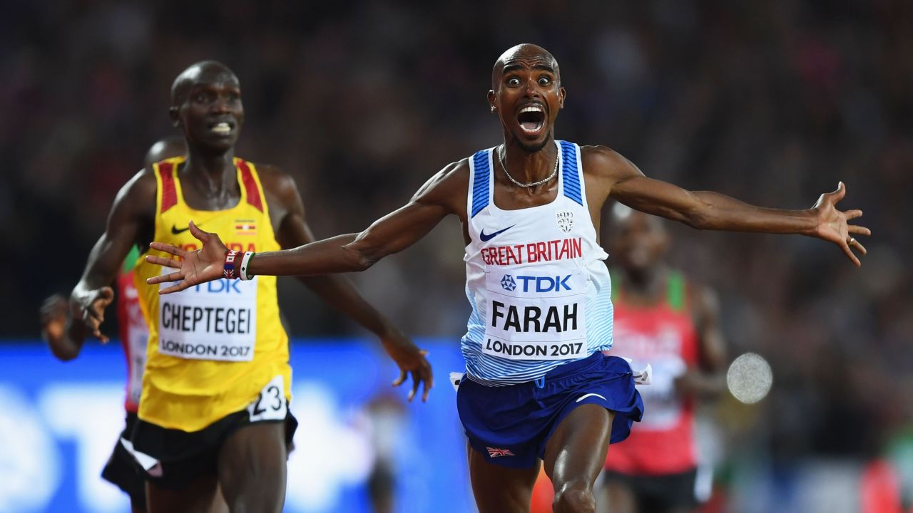 British athlete Mo Farah celebrates after winning the 10,000 meters at the World Championships on Friday, August 4. He has owned the event since 2012, winning gold at two Olympics and three World Championships.