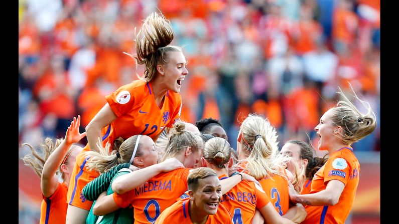 Dutch soccer players celebrate after winning Euro 2017 on Sunday, August 6. The Netherlands defeated Austria 4-2 in the final.