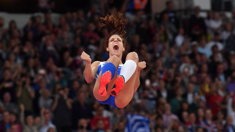 Greek pole-vaulter Ekaterini Stefanidi celebrates after winning gold at the World Championships on Sunday, August 6. She also won Olympic gold last year in Rio de Janeiro.