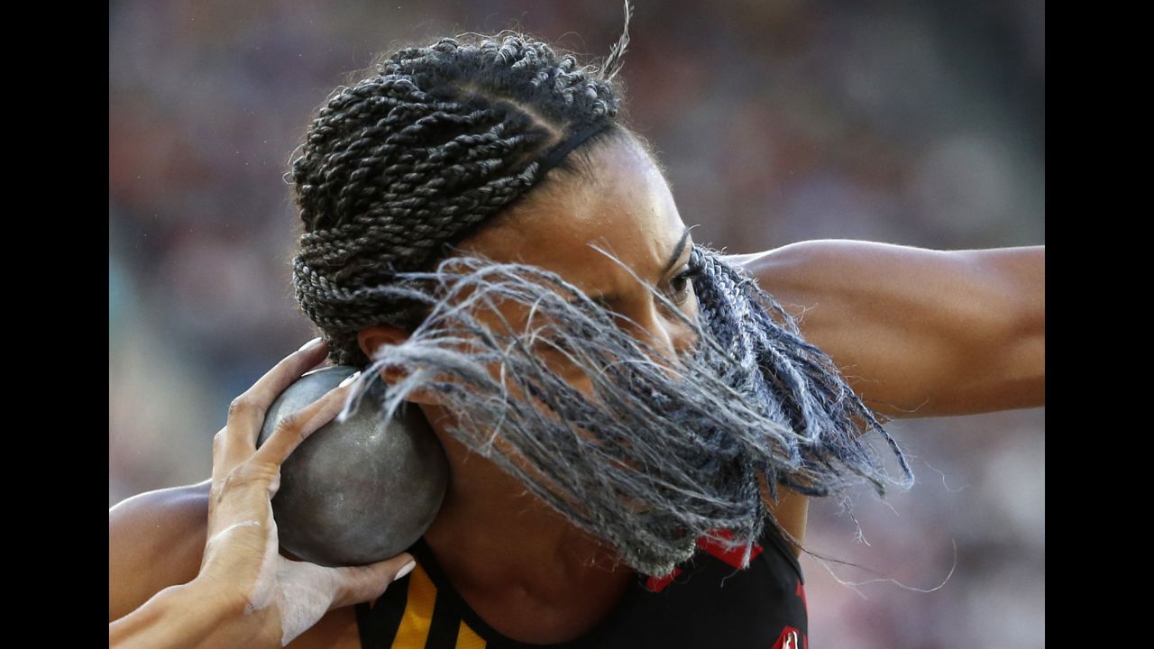 Belgian heptathlete Nafissatou Thiam prepares to throw the shot put during the World Championships on Saturday, August 5. Thiam finished first in the heptathlon, an event she also won at last year's Olympic Games.