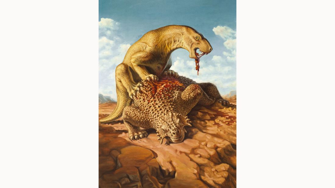 These two species cropped up regularly in Soviet--era paleoart. Konstantin Konstantinovich Flyorov, who painted the same beasts early in his career, despised Bystrow's interpretation, snidely calling the rival artist "color blind."