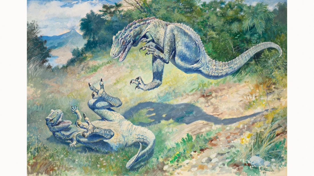 Charles R. Knight was one of the foremost American paleoartists. These predators likely represent paleontologists Othniel C. Marsh and Edward Drinker Cope, whose savage competition defined early American paleontology.
