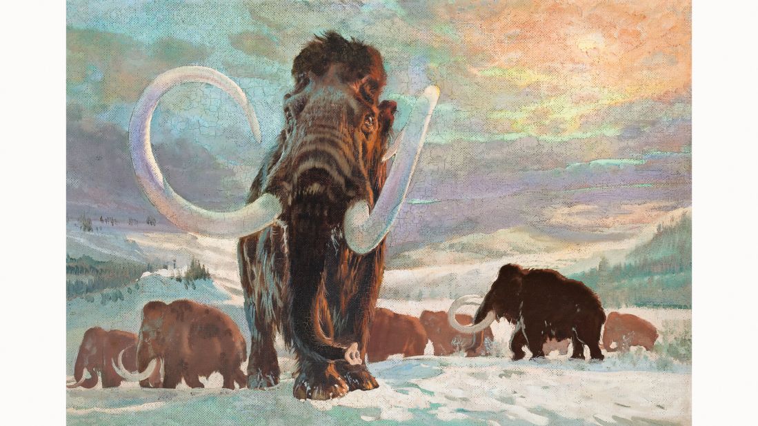 Distinctive silhouettes of the distant mammoths recall those painted on cave walls thousands of years ago. Perhaps Burian, who spent so much time imagining the prehistoric world, felt a certain kinship with the Paleolithic artists who first depicted these animals.