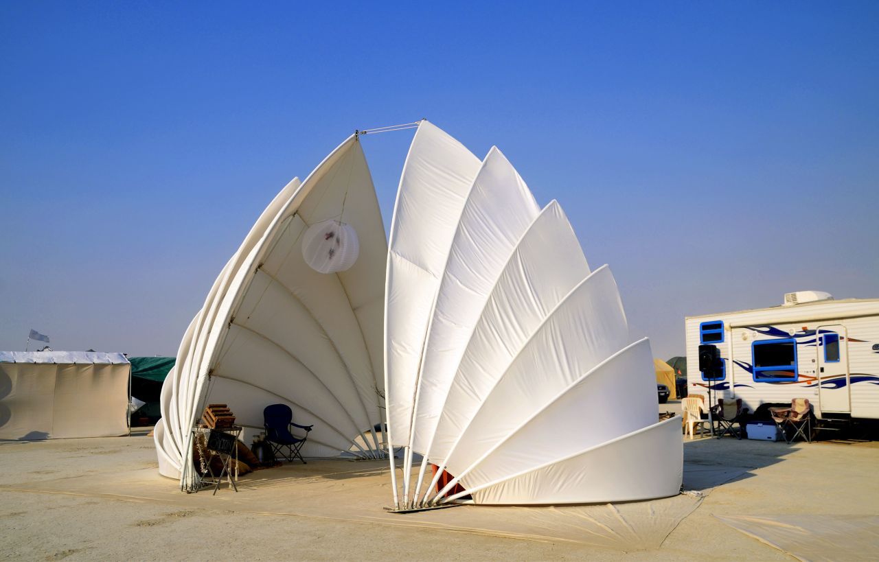 The Chiton, photographed in 2013, was made from steel tubing and nylon cloth. It was created by D'Milo Hallerberg, who based the design on a primitive marine mollusk.