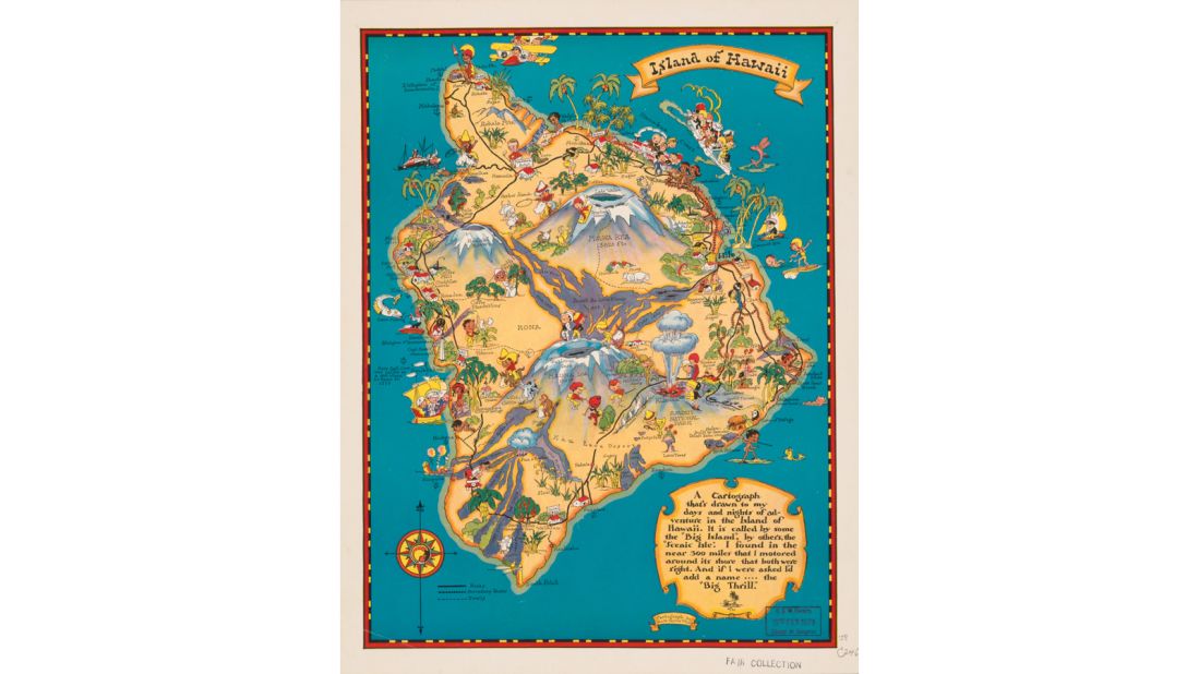 This map produced Hawaiian tourist board takes a light-hearted, Disney-esque look at the wonders of the island, conjuring up mountains, palm trees and cherub-faced hula girls for a mainland audience only just starting to discover the wonders of mass travel. 