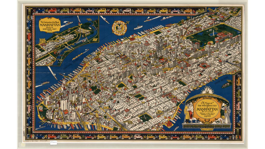This ambitious map from 1926 looks at the growing American metropolis of Manhattan from a topographical birds-eye view angle -- yet still manages to capture the impressive designs of the enormous new skyscrapers starting to appear on the island. 