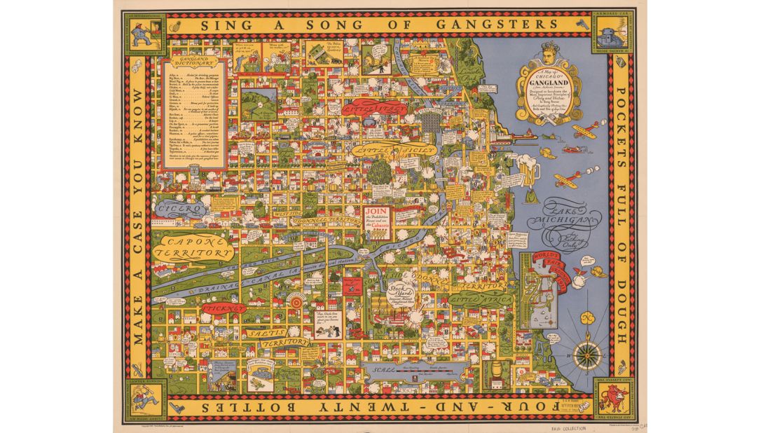 This map of Chicago gangland of the 1930s promises to "graphically portray the evils and sin of large cities," but the result is more likely to entice people with it's nods to Al Capone, "Big Jim" Colosimo and the St. Valentine's Day Massacre.