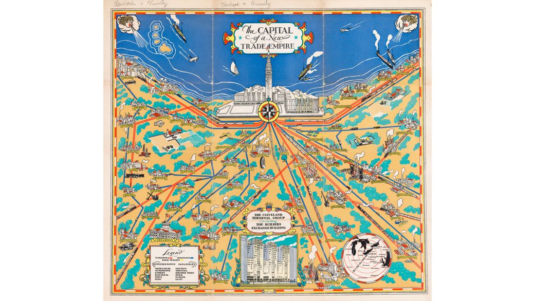 In the early 1930s the city of Cleveland was trying to position itself as a major hub of American industry; a place of skyscrapers, high-speed trains and heavy engineering to rival its Midwestern competitors. The powers that be commissioned this pictorial map to show the city's potential to an increasingly industrialized America. 