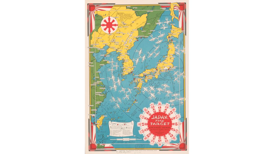 During World War II, the pictorial map took on a more sinister role, providing propaganda for a public who didn't yet have access to fast news or 24-hour television.<br /><br />This map by artist Ernest Dudley Chase uses traditional Japanese art motifs to show the routes of American bombers in the Far East. The racist language in its title reflects the prejudices of the time. 