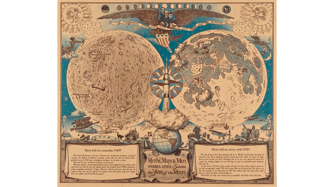 This pictorial map might look like it comes from the time of Magellan and Columbus, but it was actually commissioned by New York bank Merrill Lynch in the 1960s. It features icons of the time, such as the Apollo spacecraft and presidents Kennedy, Johnson and Nixon flying on the top of a bald eagle, in a surreal, satirical take on the form. 